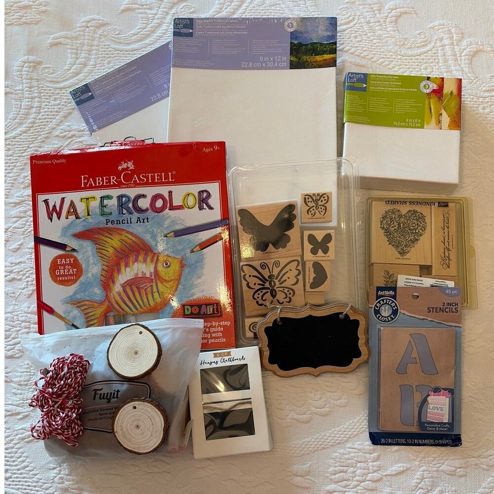 Lot of Arts Crafts Supplies Canvas Watercolor Kit Stencils Wood Slices Stamps